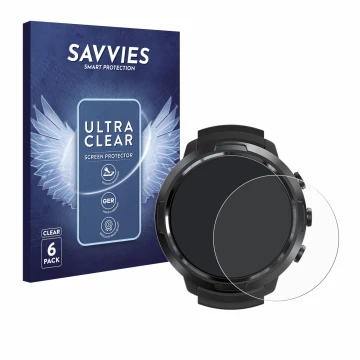 Face avant d’un emballage produit avec le logo de la marque Savvies. À côté, l’appareil Suunto D5 est représenté avec la prote