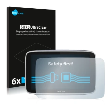 Face avant d’un emballage produit avec le logo de la marque Savvies. À côté, l’appareil TomTom GO Premium X est représenté ave