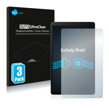 Face avant d’un emballage produit avec le logo de la marque Savvies. À côté, l’appareil Samsung Galaxy Tab A 10.1 2019 est rep
