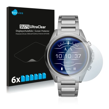 Face avant d’un emballage produit avec le logo de la marque Savvies. À côté, l’appareil Emporio Armani Connected Exchange AXT2