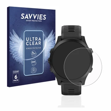 Face avant d’un emballage produit avec le logo de la marque Savvies. À côté, l’appareil Garmin Forerunner 945 est représenté a