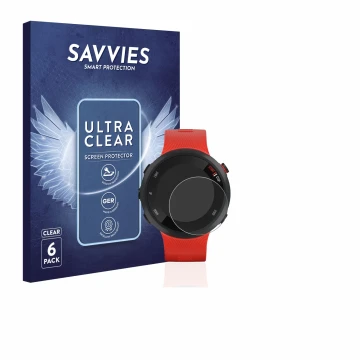 Face avant d’un emballage produit avec le logo de la marque Savvies. À côté, l’appareil Garmin Forerunner 45 est représenté av