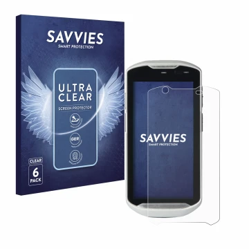 Face avant d’un emballage produit avec le logo de la marque Savvies. À côté, l’appareil Zebra TC52-HC est représenté avec la p