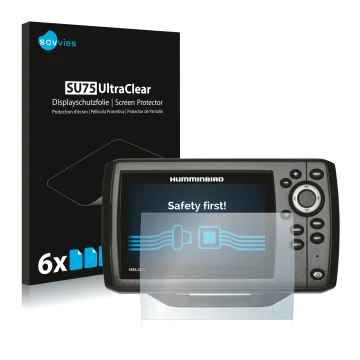 Face avant d’un emballage produit avec le logo de la marque Savvies. À côté, l’appareil Humminbird Helix 5 est représenté avec