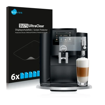 Face avant d’un emballage produit avec le logo de la marque Savvies. À côté, l’appareil Jura S8 est représenté avec la protect