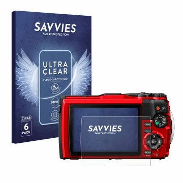 Face avant d’un emballage produit avec le logo de la marque Savvies. À côté, l’appareil Olympus Tough TG-6 est représenté avec