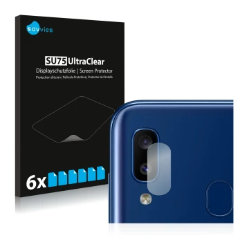 Face avant d’un emballage produit avec le logo de la marque Savvies. À côté, l’appareil Samsung Galaxy A20e (Caméra UNIQUEMENT