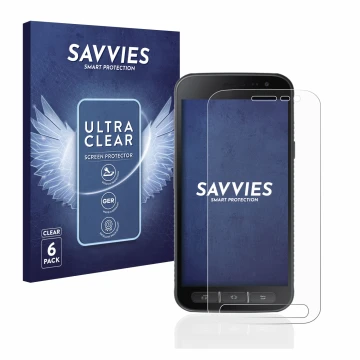 Face avant d’un emballage produit avec le logo de la marque Savvies. À côté, l’appareil Samsung Galaxy XCover 4s est représent