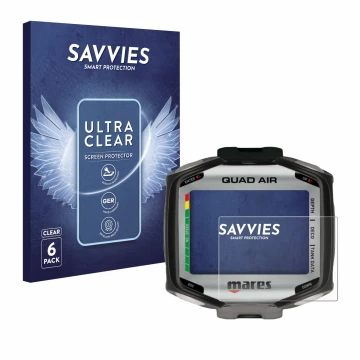 Face avant d’un emballage produit avec le logo de la marque Savvies. À côté, l’appareil Mares Quad Air est représenté avec la 