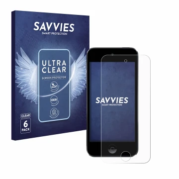 Face avant d’un emballage produit avec le logo de la marque Savvies. À côté, l’appareil Apple iPod Touch (7ème Gen.) est repré