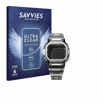 Face avant d’un emballage produit avec le logo de la marque Savvies. À côté, l’appareil Casio G-Shock GMW-B5000D-1ER est repré