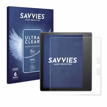 Face avant d’un emballage produit avec le logo de la marque Savvies. À côté, l’appareil Amazon Kindle Oasis 2019 (10ème Gen.) 