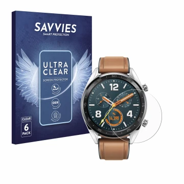 Face avant d’un emballage produit avec le logo de la marque Savvies. À côté, l’appareil Huawei Watch GT Classic est représenté