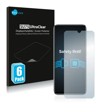 Face avant d’un emballage produit avec le logo de la marque Savvies. À côté, l’appareil Xiaomi Mi A3 est représenté avec la pr