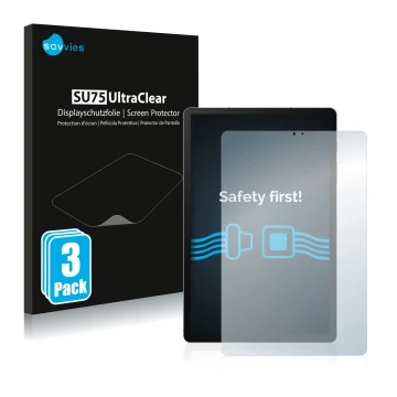 Face avant d’un emballage produit avec le logo de la marque Savvies. À côté, l’appareil Samsung Galaxy Tab S6 WiFi 2019 est re