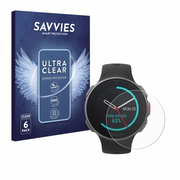 Face avant d’un emballage produit avec le logo de la marque Savvies. À côté, l’appareil Polar Vantage V Titan est représenté a