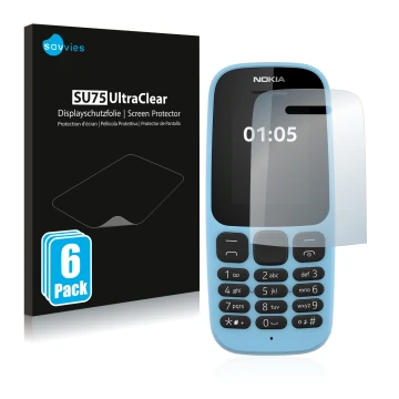 Face avant d’un emballage produit avec le logo de la marque Savvies. À côté, l’appareil Nokia 105 2019 est représenté avec la 