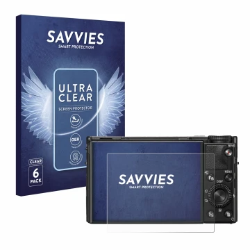 Face avant d’un emballage produit avec le logo de la marque Savvies. À côté, l’appareil Sony Cyber-Shot DSC-RX100 VII est repr