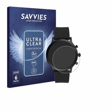 Face avant d’un emballage produit avec le logo de la marque Savvies. À côté, l’appareil Fossil The Carlyle HR (5.Gen) est repr
