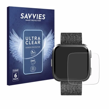 Face avant d’un emballage produit avec le logo de la marque Savvies. À côté, l’appareil Fitbit Versa Special Edition est repré