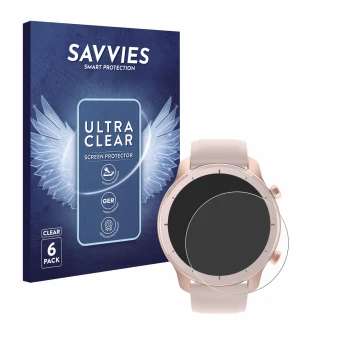 Face avant d’un emballage produit avec le logo de la marque Savvies. À côté, l’appareil Huami Amazfit GTR (42 mm) est représen