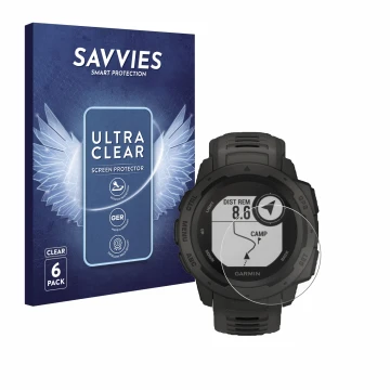 Face avant d’un emballage produit avec le logo de la marque Savvies. À côté, l’appareil Garmin Instinct Tactical Edition est r