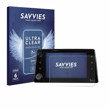 Face avant d’un emballage produit avec le logo de la marque Savvies. À côté, l’appareil Peugeot Rifter 2019 Infotainment Syste