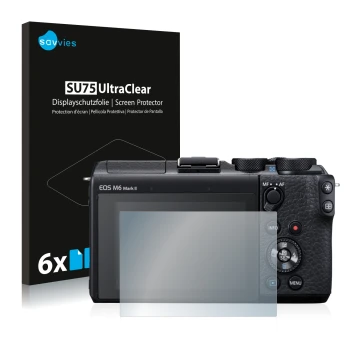 Face avant d’un emballage produit avec le logo de la marque Savvies. À côté, l’appareil Canon EOS M6 Mark II est représenté av