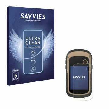 Face avant d’un emballage produit avec le logo de la marque Savvies. À côté, l’appareil Garmin eTrex 32x est représenté avec l