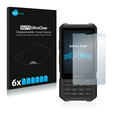 Face avant d’un emballage produit avec le logo de la marque Savvies. À côté, l’appareil Cyrus CM 17 Hybrid est représenté avec