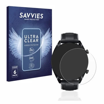 Face avant d’un emballage produit avec le logo de la marque Savvies. À côté, l’appareil Huawei Watch GT 2 (46 mm) est représen