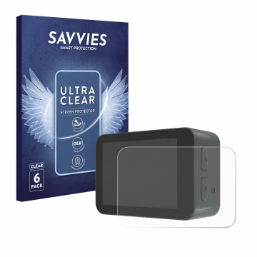Face avant d’un emballage produit avec le logo de la marque Savvies. À côté, l’appareil Akaso V50X est représenté avec la prot