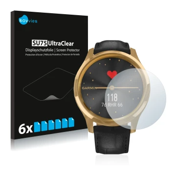 Face avant d’un emballage produit avec le logo de la marque Savvies. À côté, l’appareil Garmin vivomove Luxe (42 mm) est repré