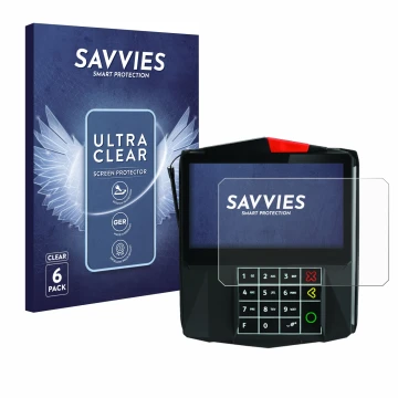 Face avant d’un emballage produit avec le logo de la marque Savvies. À côté, l’appareil ingenico Lane/7000 est représenté avec