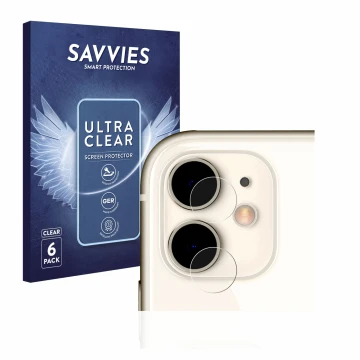 Face avant d’un emballage produit avec le logo de la marque Savvies. À côté, l’appareil Apple iPhone 11 (Caméra UNIQUEMENT) es