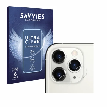 Face avant d’un emballage produit avec le logo de la marque Savvies. À côté, l’appareil Apple iPhone 11 Pro (Caméra UNIQUEMENT