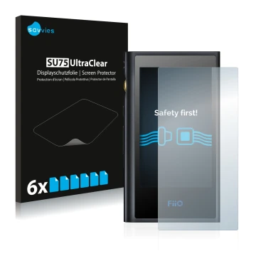 Face avant d’un emballage produit avec le logo de la marque Savvies. À côté, l’appareil FiiO M9 est représenté avec la protect