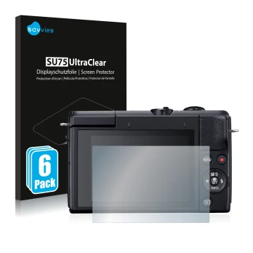 Face avant d’un emballage produit avec le logo de la marque Savvies. À côté, l’appareil Canon EOS M200 est représenté avec la 