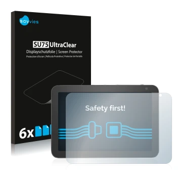 Face avant d’un emballage produit avec le logo de la marque Savvies. À côté, l’appareil Amazon Echo Show 8 (1ère Gen.) est rep