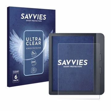 Face avant d’un emballage produit avec le logo de la marque Savvies. À côté, l’appareil Kobo Libra H2O est représenté avec la 