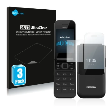 Face avant d’un emballage produit avec le logo de la marque Savvies. À côté, l’appareil Nokia 2720 Flip est représenté avec la