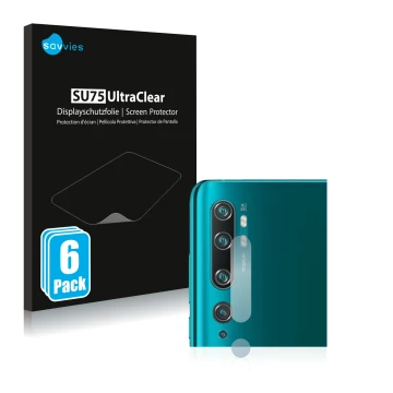 Face avant d’un emballage produit avec le logo de la marque Savvies. À côté, l’appareil Xiaomi Mi Note 10 Pro (Caméra UNIQUEME