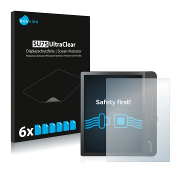 Face avant d’un emballage produit avec le logo de la marque Savvies. À côté, l’appareil Tolino Epos 2 est représenté avec la p