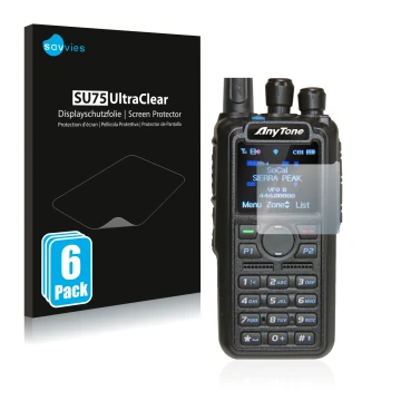 Face avant d’un emballage produit avec le logo de la marque Savvies. À côté, l’appareil AnyTone AT-D878UV est représenté avec 