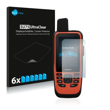 Face avant d’un emballage produit avec le logo de la marque Savvies. À côté, l’appareil Garmin GPSMAP 86i est représenté avec 