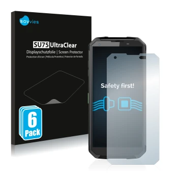 Face avant d’un emballage produit avec le logo de la marque Savvies. À côté, l’appareil Blackview BV9500 Plus est représenté a