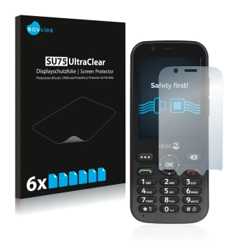 Face avant d’un emballage produit avec le logo de la marque Savvies. À côté, l’appareil Doro 7010 est représenté avec la prote