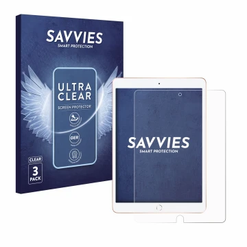 Face avant d’un emballage produit avec le logo de la marque Savvies. À côté, l’appareil Apple iPad 10.2