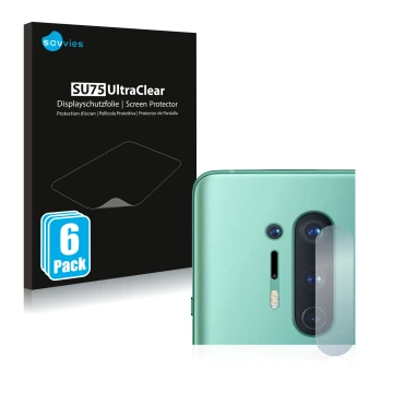 Face avant d’un emballage produit avec le logo de la marque Savvies. À côté, l’appareil OnePlus 8 Pro (Caméra UNIQUEMENT) est 