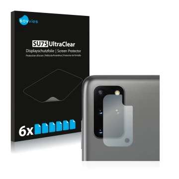 Face avant d’un emballage produit avec le logo de la marque Savvies. À côté, l’appareil Samsung Galaxy S20 Plus (Caméra UNIQUE